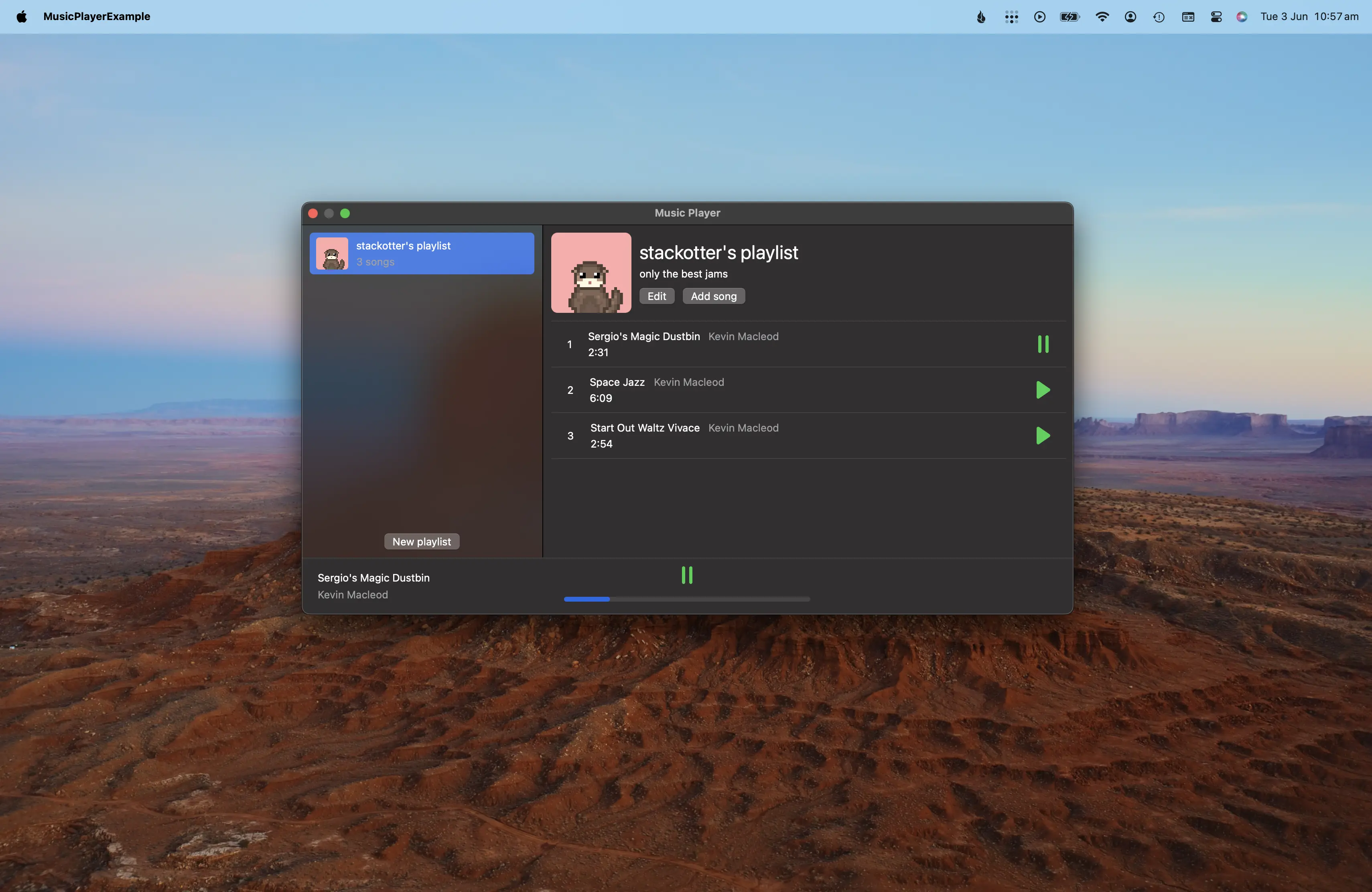 A music player made with SwiftCrossUI running on macOS