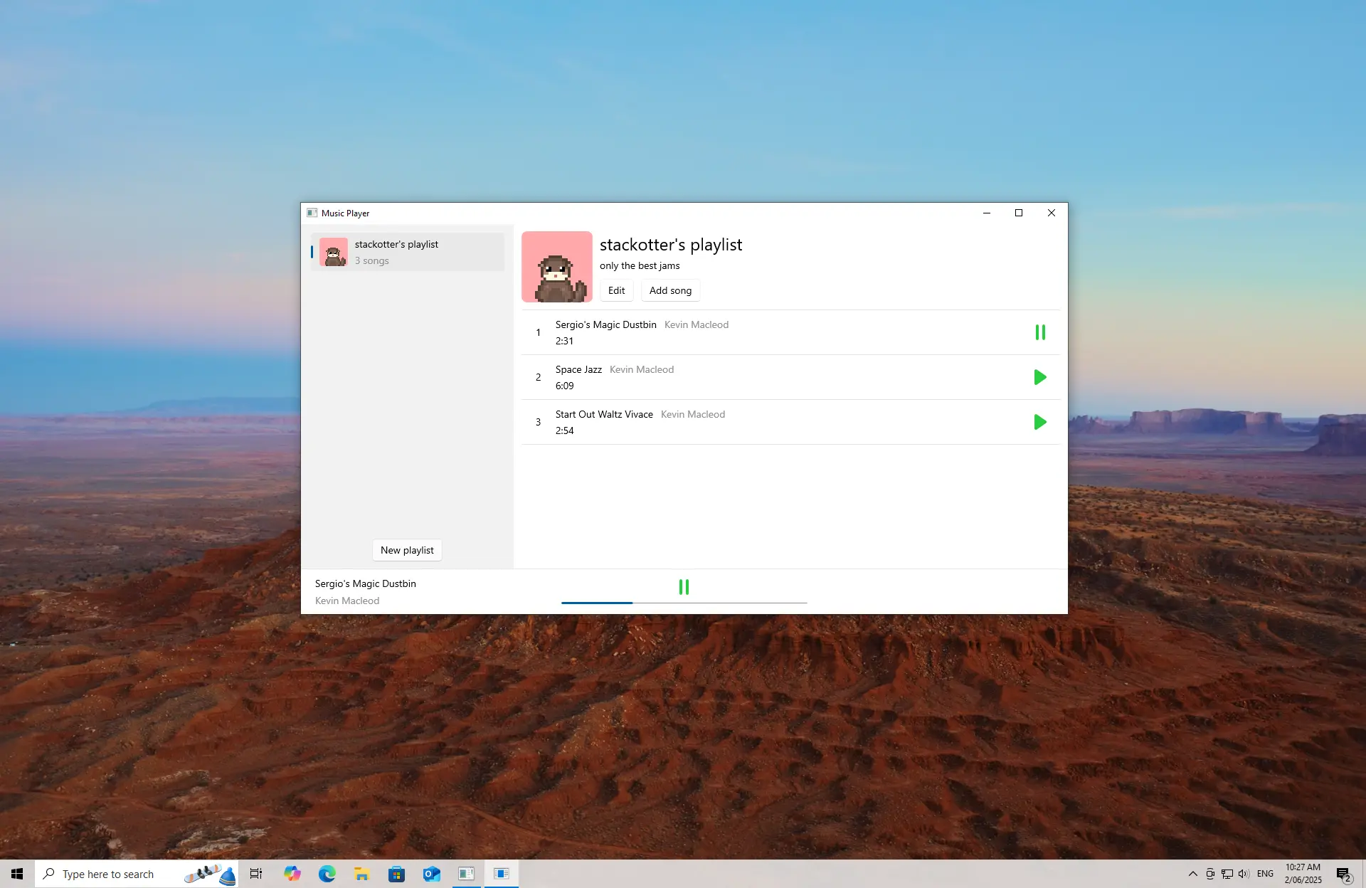 A music player made with SwiftCrossUI running on Windows